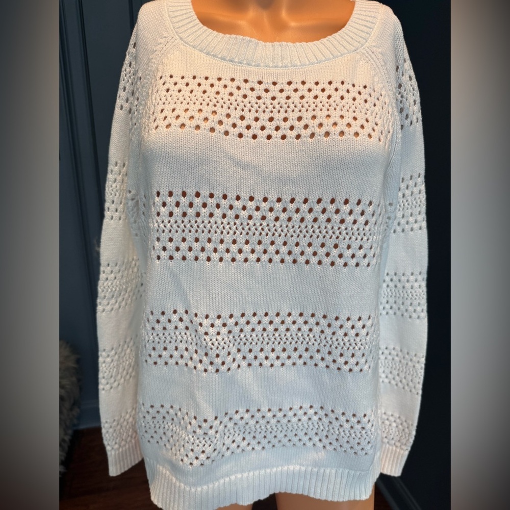 Talbots White Open Knit 100% Cotton Sweater Women’s L Lightweight Coastal
